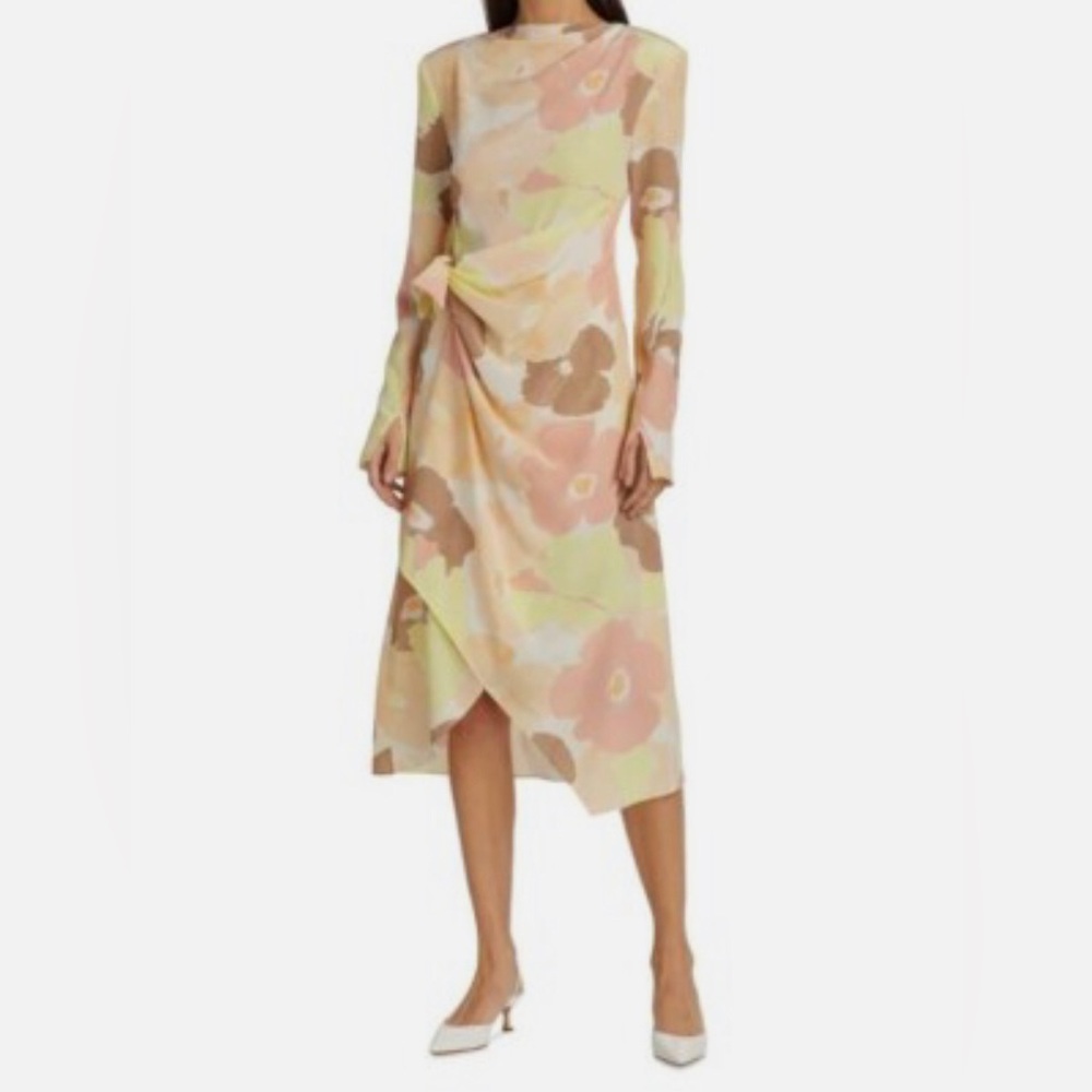 NWT. ST. JOHN Silk Draped Panel Dress Multicolor Watercolor Floral Print Knee